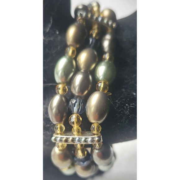 Vintage Monet Green Gray Blue Faux Pearl Stretch Bracelet - Picture 2 of 5